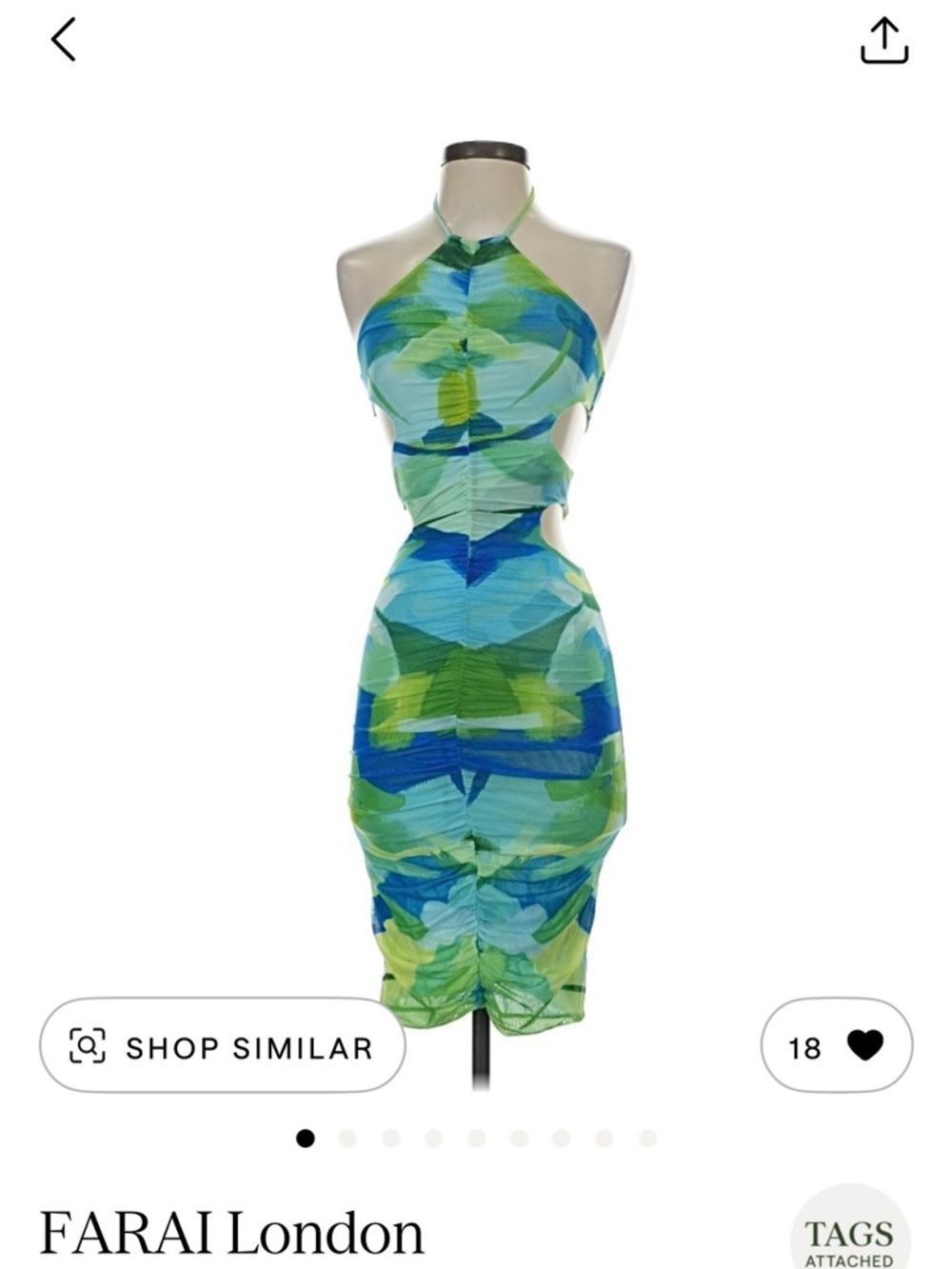 Farai London Green and Blue Halter Ruched Cutout Mini Dress